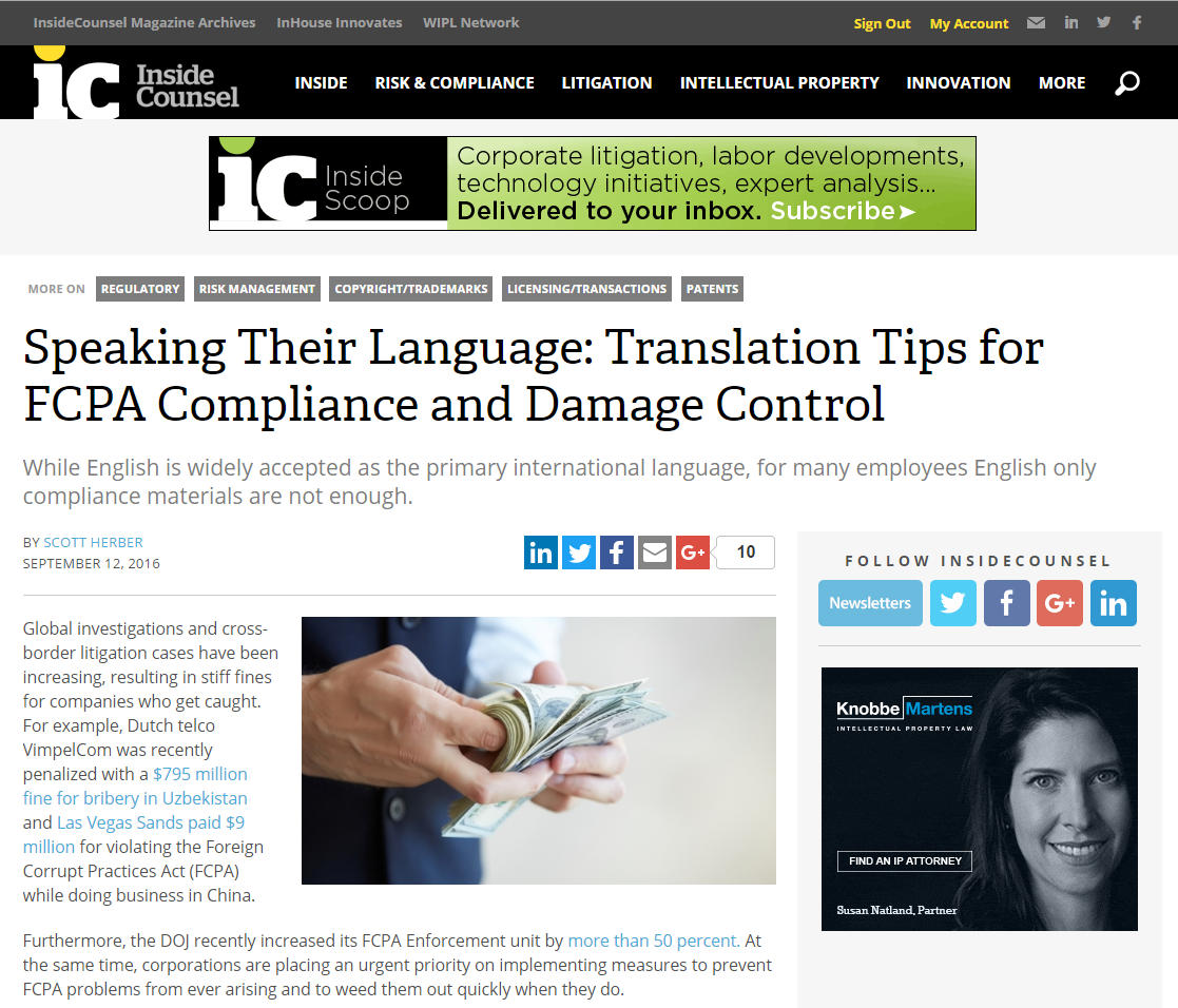 Speaking Their Language: Translation Tips for FCPA Compliance and Damage Control – Inside Counsel, September 2016